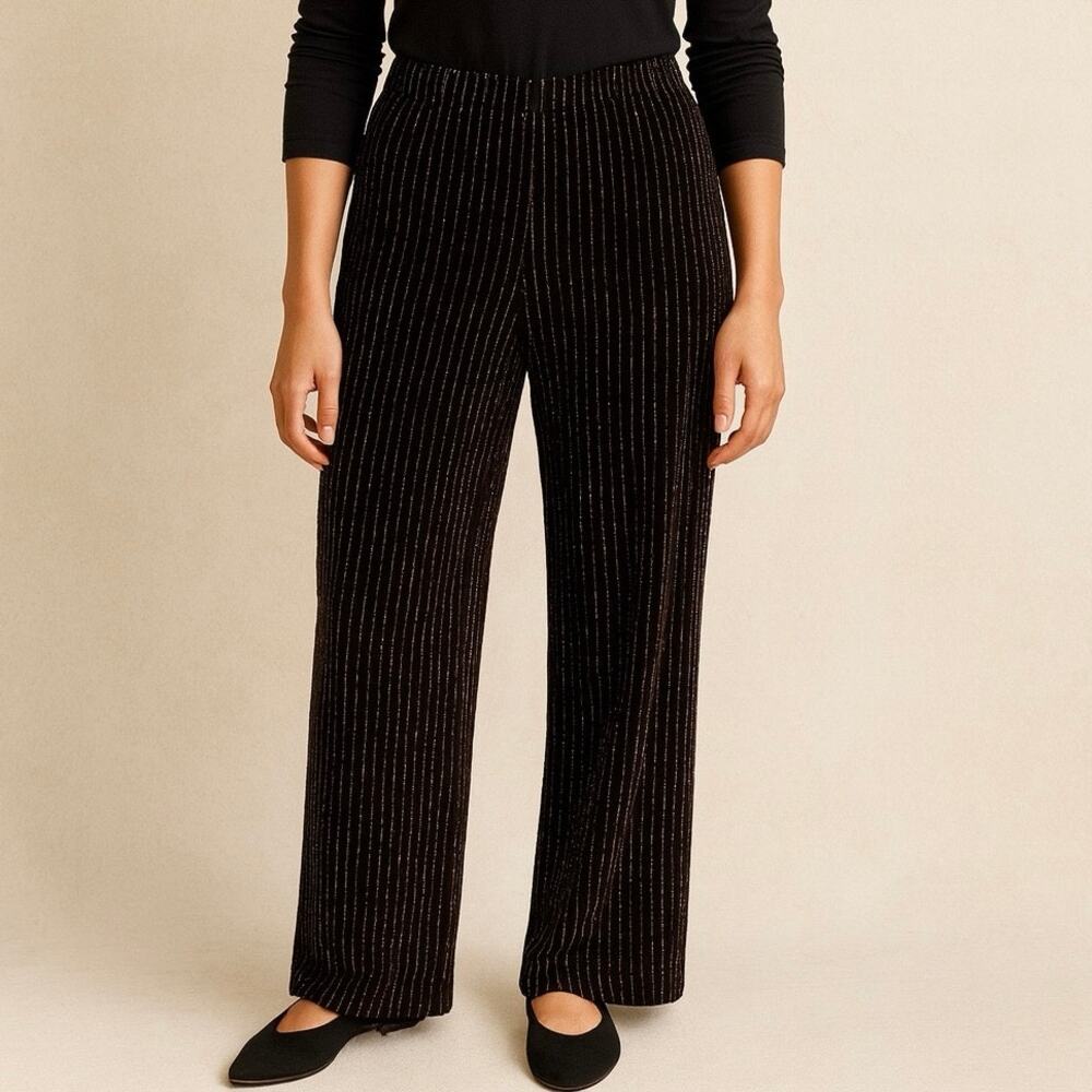Forever 21 Black velvet silver stripe wide leg pants holiday glam  M boho